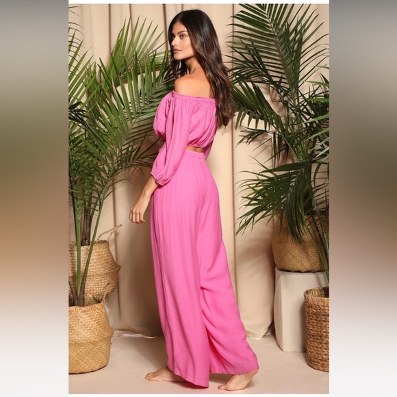 Lulu’s Grab Your Passport Hot Pink Two-Piece Swim Cover-Up Jumpsuit, Medium - Picture 4 of 12